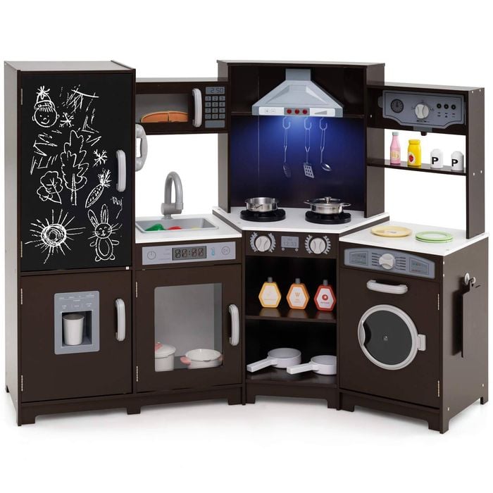 Costway Kitchen Playset Play Kitchen W/refrigerator Doodle Board Brown