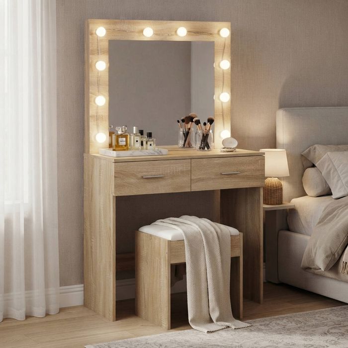 Oikiture Dressing Table Stool Set Makeup Mirror Natural 140.5cm