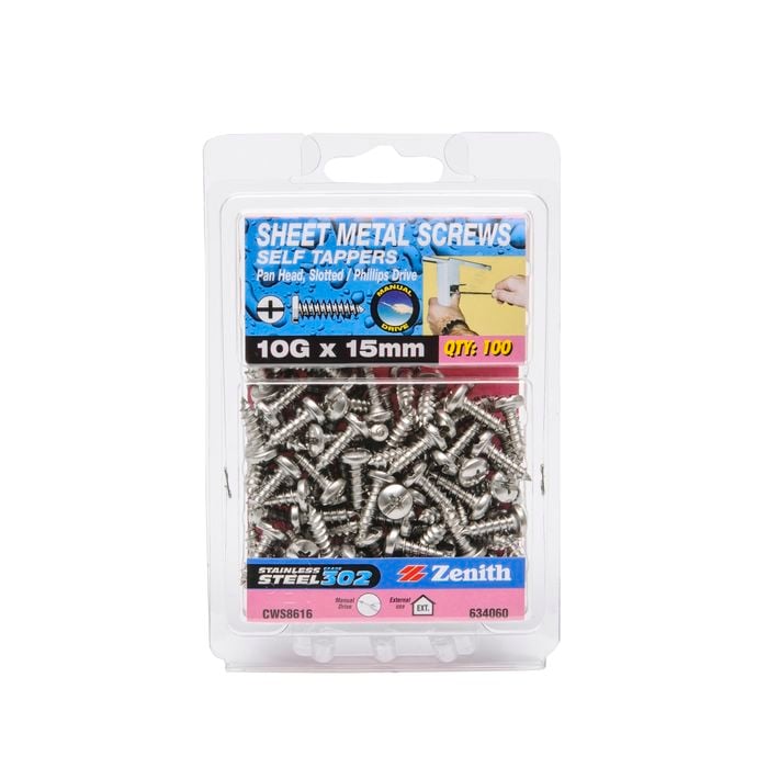 Zenith 10G x 15mm Stainless Steel Pan Head Sheet Metal Screws - 100 Pack