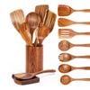Catzon 9 Pcs Spoons for Cooking with Rest Natural Teak Kitchen Utensils