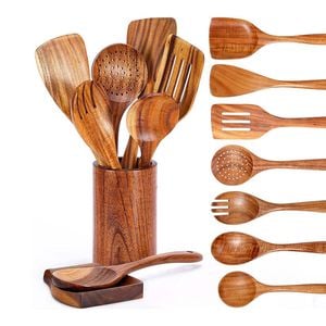 Catzon 9 Pcs Spoons for Cooking with Rest Natural Teak Kitchen Utensils