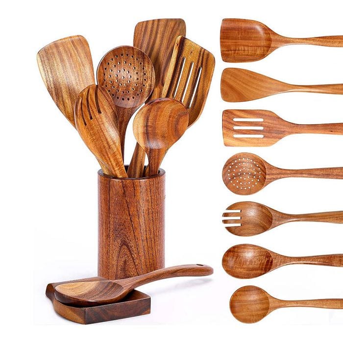 Catzon 9 Pcs Spoons for Cooking with Rest Natural Teak Kitchen Utensils