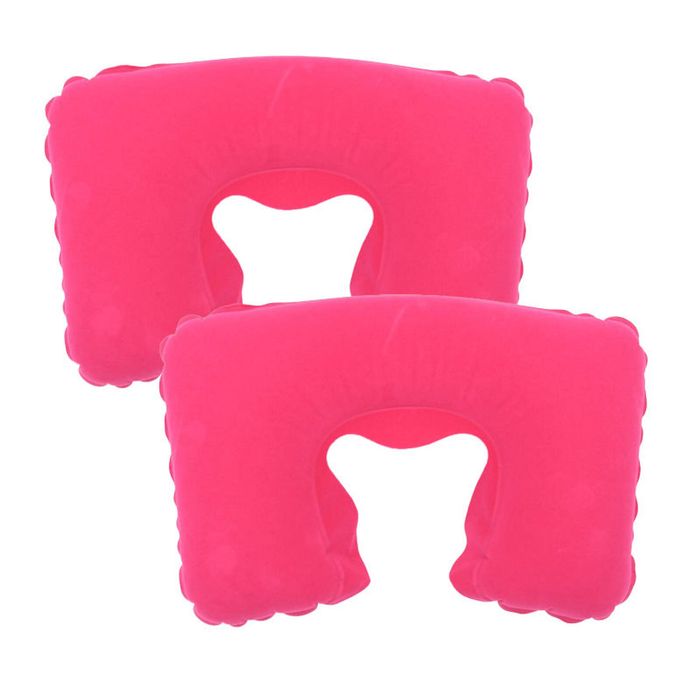 Catzon 2 Pcs Inflatable U-Shaped Pillow Flocked Fabric-Rose Red