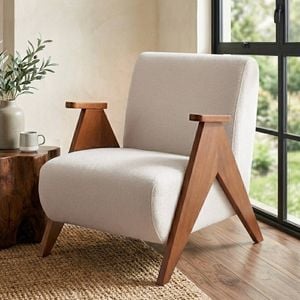Homfurn Upholstered Solid Wood Armchair With Chenille Fabric, Oak Legs, White