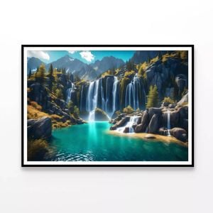 Waterfall, Mountains & Blue Sky  Print 100% Australian Made 90x60cm  (Poster)