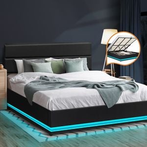Oikiture Bed Frame Gas Lift RGB LED Black Leather-King