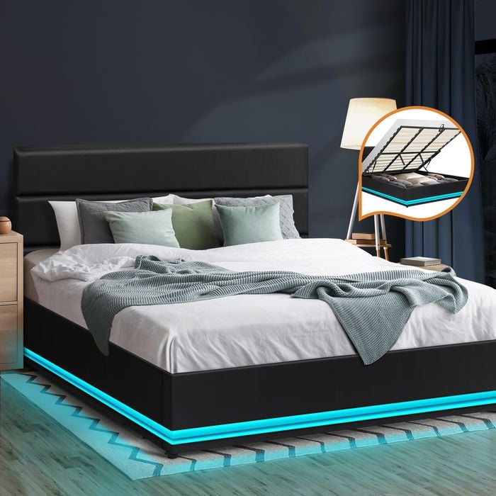Oikiture Bed Frame Gas Lift RGB LED Black Leather-King