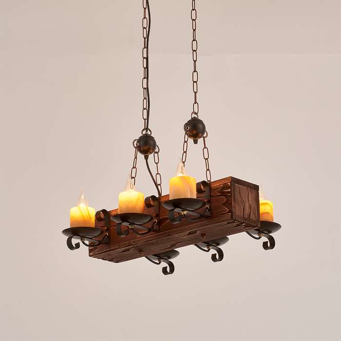 LumenSphere Corsair 6-Light Retro Wood Pendant - Black Finish, Natural Wood Accents, E14 Base