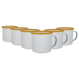Argon Tableware 375ml Enamel Mugs - Yellow Rim - Set Of 6 Metal Drinking Cups Coffee Teacup Mug Set Hot, Cold Drinks Cups