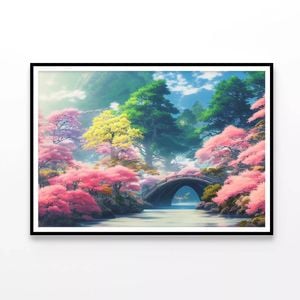 Pink Cherry Trees, Bridge  Print 100% Australian Made 120x90cm  (Poster)