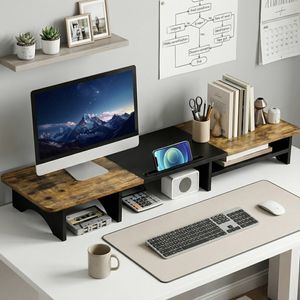 Advwin 100cm Dual Monitor Stand Riser Wood Desktop Organizer with Storage Space Walnut+Black