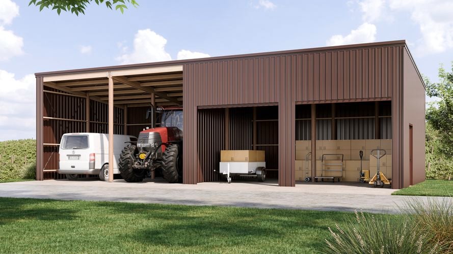 Large brown shed with tractor, van and cardboard boxes.