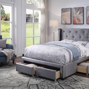 Empress Premium PU Fabric King Bed Frame Drawers Silver