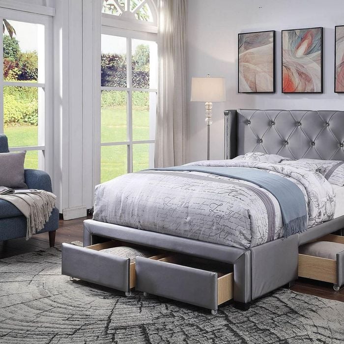 Empress Premium PU Fabric King Bed Frame Drawers Silver