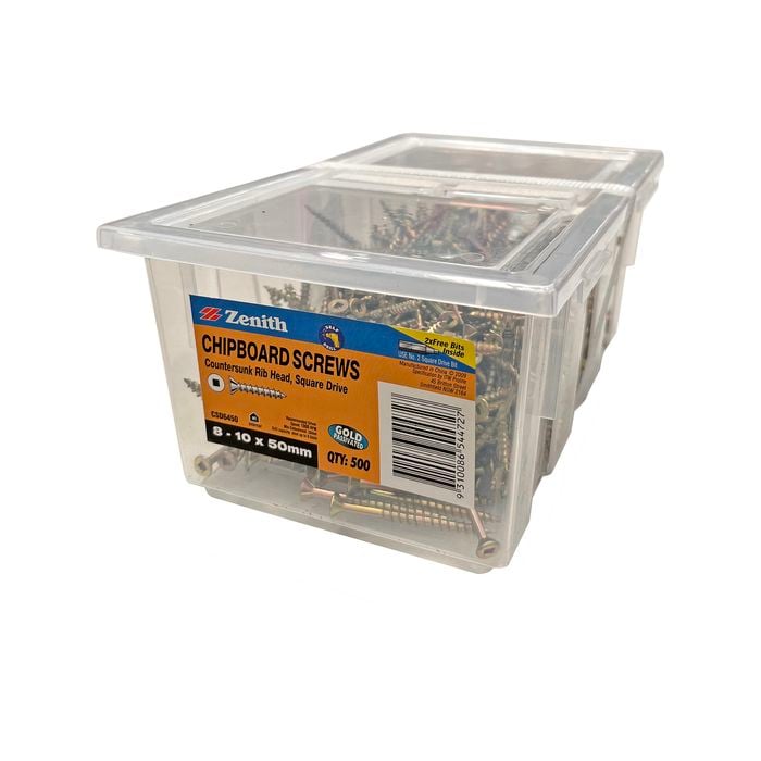 Zenith 8G x 50mm Gold Passivated Square Drive Chipboard Screw - 500 Pack