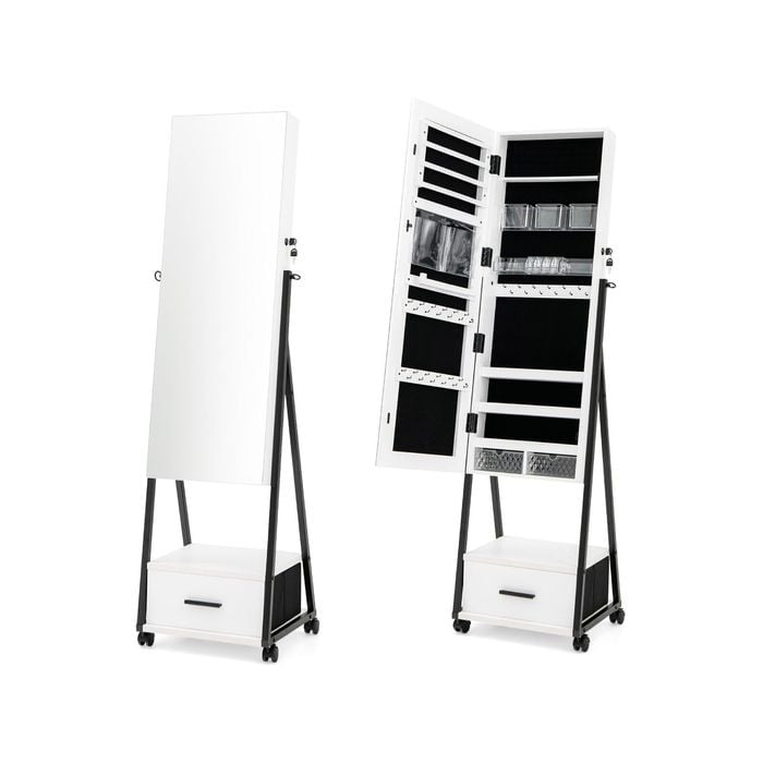 Costway Mobile Mirror Jewellery Cabinet W/drawers White