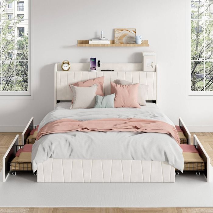 Advwin Bed Frame Double Size with 4 Storage Drawers & Charging Station Biege