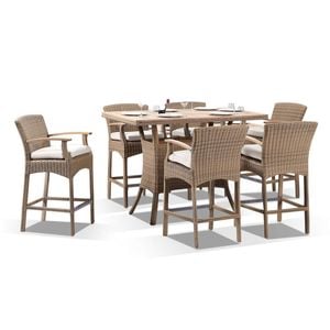 Sahara Teak Top 6 Seater Bar Setting in Half Round Wicker Wanika stools 6 Seats - Brushed Wheat - Cream