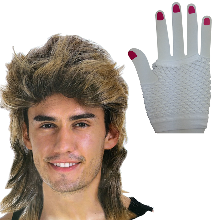 2Pcs Set Golden Blonde Bullet Wig + Fishnet Gloves 70s 80s Wos Costume Party White One-Size