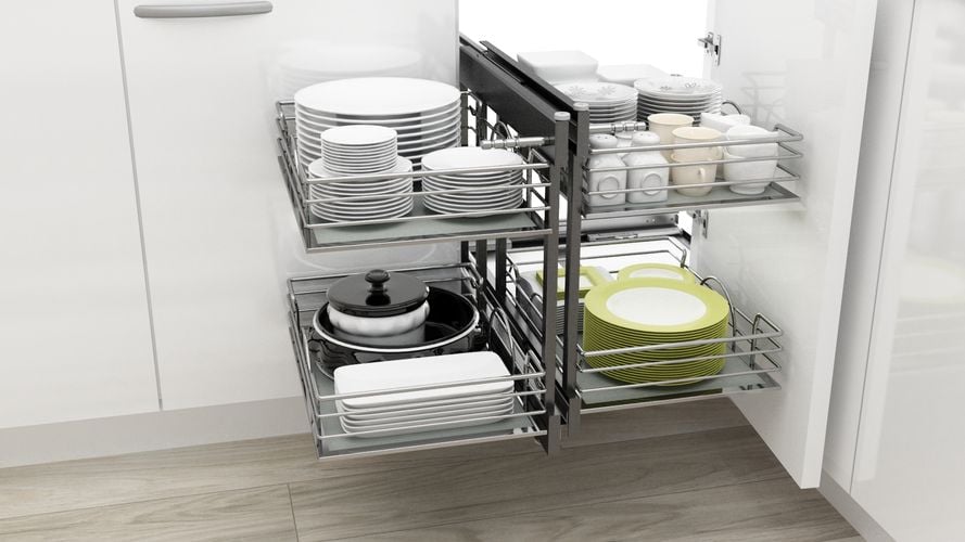 Open kitchen cupboard with pull out storage shelves for plates and cookware