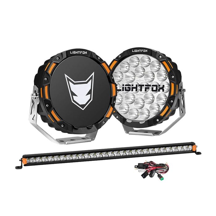 LIGHTFOX OSRAM 9inch LED Driving Lights + 28 inch Single Row LED Light Bar + Wiring Kit