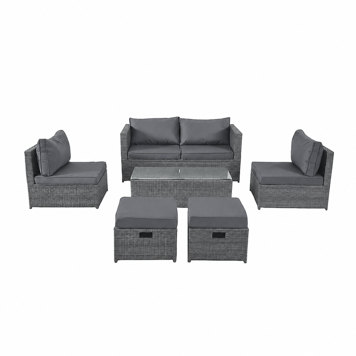 Elora 6pc Outdoor Rattan Wicker Sofa Set With Cushions Glass Table For Patio