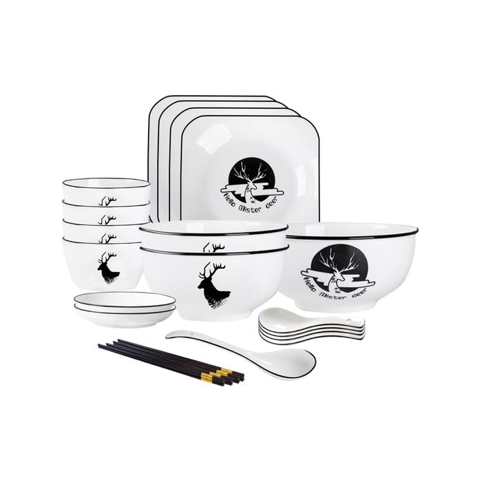 SOGA 13Pcs White Antler Printed Ceramic Dinnerware Set