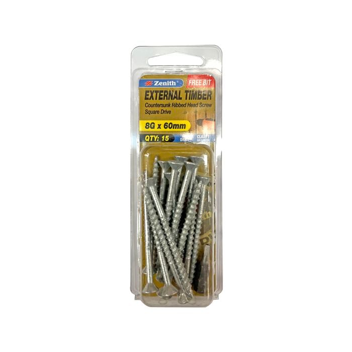 Zenith 8G x 60mm Galvanised Square Drive External Timber Screw - 15 Pack