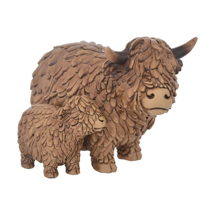 Gibson Gifts Hughie Highland Cow & Calf Figurine Brown Polyresin