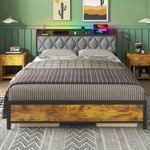 Advwin Queen Size Bed Frame Industrial with Headboard Storage Charging Station and LED Light