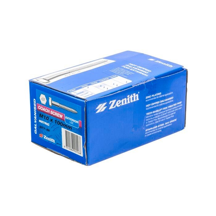 Zenith Coach Screw Galvanised M10x100mm 50pk