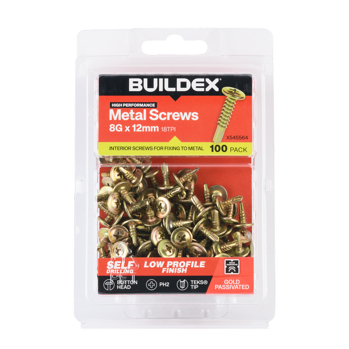 Buildex 8G x 12mm Gold Passivated Sheet Metal Screws - 100 Pack