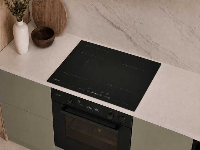 The sleek black glass finish cooktop integrates effortlessly into contemporary spaces.