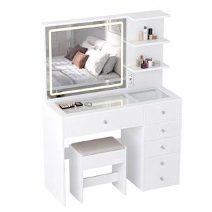 Advwin Dressing Table Set LED Light Glass Top White