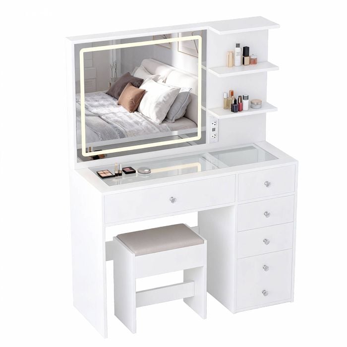 Advwin Dressing Table Set LED Light Glass Top White