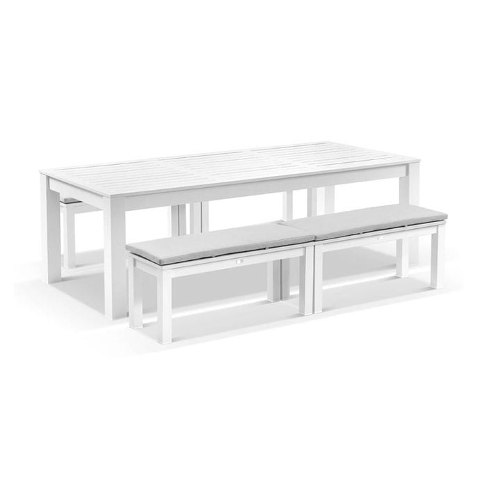 Santorini 2.5m Table 4 Bench Seats White & Olefin Grey Cushions