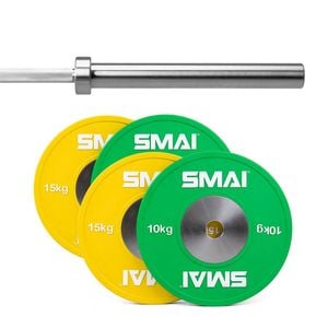 Smai Competition Bumper Plate Set With Barbell - 50kg + 20kg Silver Barbell (bearing)