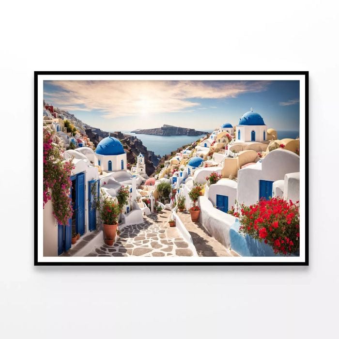 Streets Of Santorini, Flowers  Print 100% Australian Made 120x90cm  (poster)