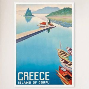 Galrie Corfu Greece Vintage Travel Poster: Stunning Artwork of Idyllic Island Artwork, White Frame, A0 84 x 119cm (33 x 47inch)