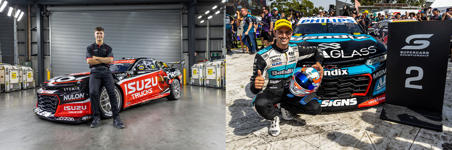 Supercars racing drivers Nick Percat and James Golding both standing in front of their racing cars