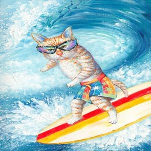 P&P Surfing Cat Canvas Print - Fun & Modern Wall Art for Living Room, Bedroom, or Office Decor 70×100cm