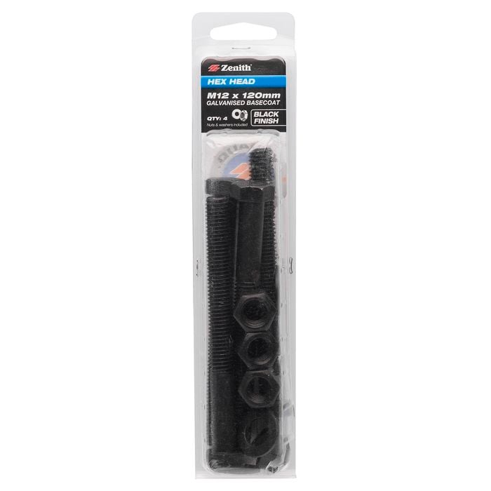 Zenith M12 x 120mm Black Hex Head Bolt - 4 Pack