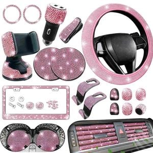 Catzon 27pcs Bling Car Accessories Set Universal Fit 15in Steering Wheel Covers-pink