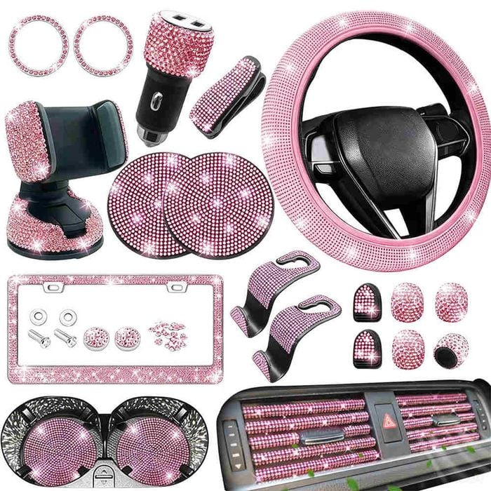 Catzon 27pcs Bling Car Accessories Set Universal Fit 15in Steering Wheel Covers-pink