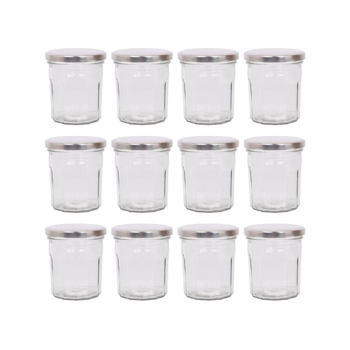 Argon Tableware 250ml Glass Jam Jars With Airtight Silver Lids - Set Of 12 Empty Screw Top Kitchen Storage Preserving Jar