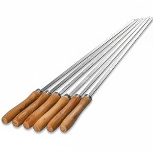6 Pack Flat Blade Barbecue Shish Kebab Skewers of Stainless Steel with Wooden Handle
