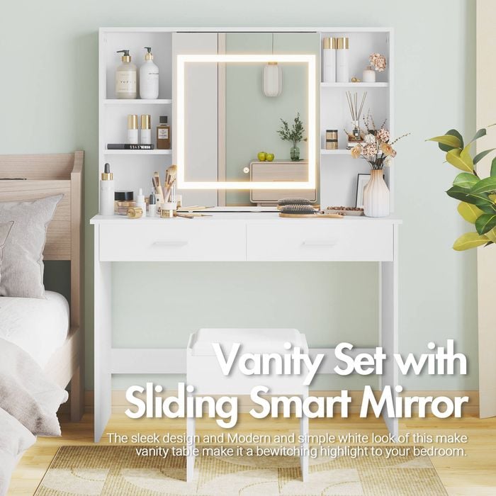 Advwin Dressing Table Stool Set with Slide Make up LED Mirror