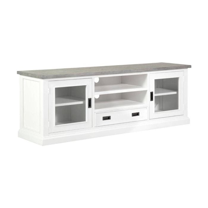 Ashton Entertainment Tv Unit In Brushed White With Grey Timber Top