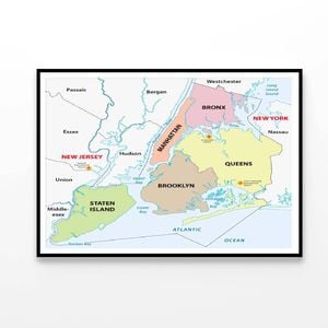New York City, 5 Boroughs Map  Print 100% Australian Made 90x60cm  (Poster)