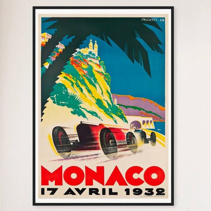 Galrie Monaco Grand Prix 1932 Vintage F1 Racing Poster Classic Motorsport Artwork, Black Frame, 70 x 100cm (28 x 40inch)